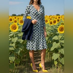 Leota Navy and White Floral Long Sleeve Dress